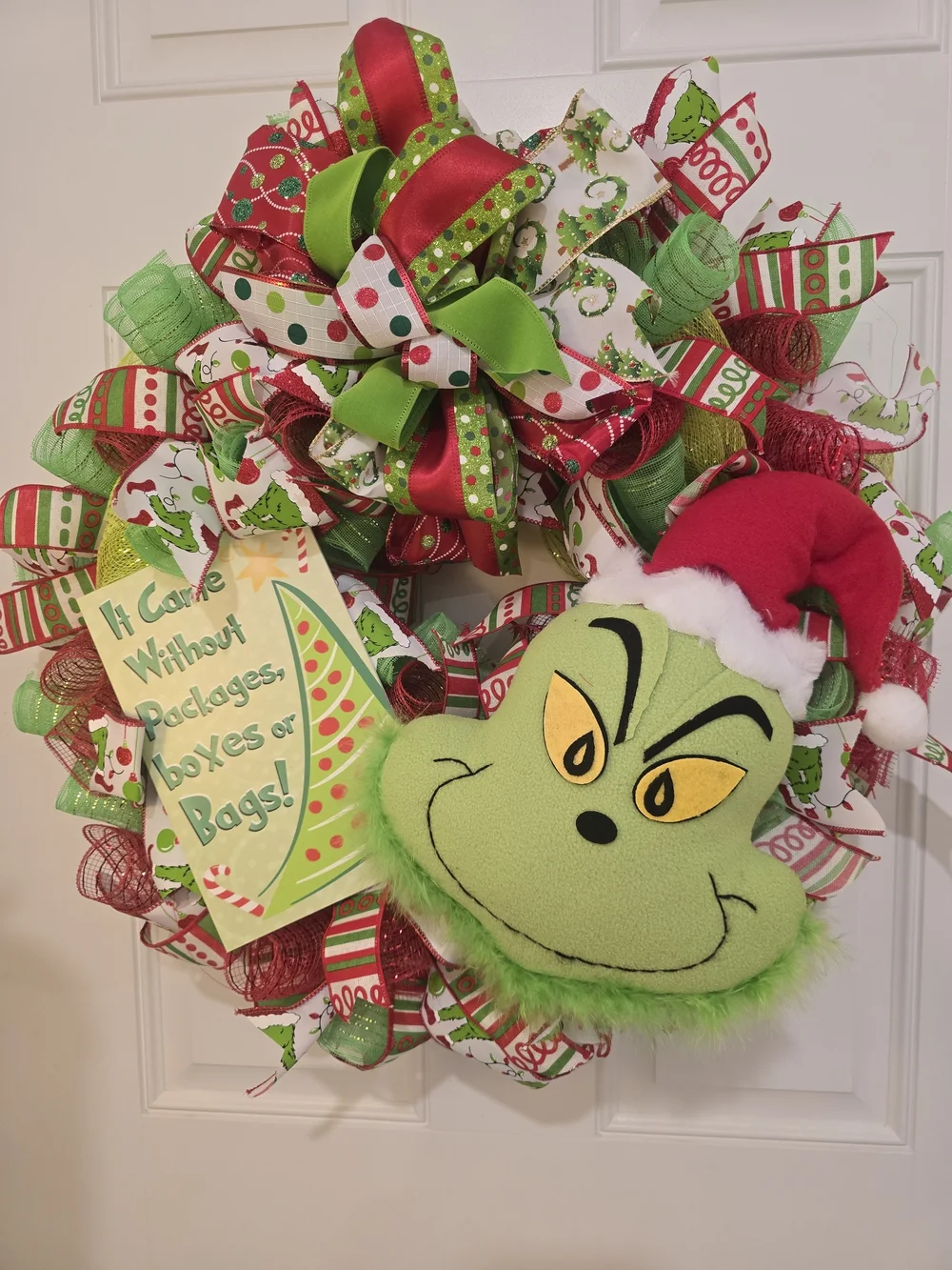 Grinch Holiday Ribbon Wreath with Plush Face Monster Christmas